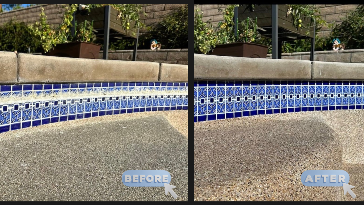 before and after photos of poo tiles with and without mineral buildup